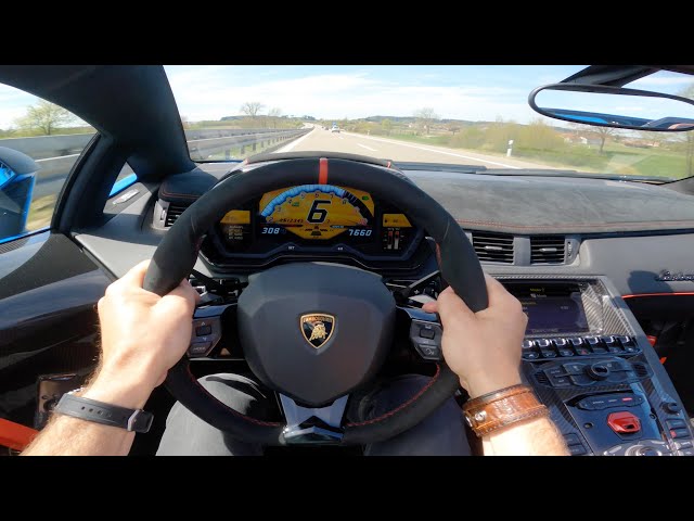 POV: 308km/h in a straight pipe Lamborghini Aventador SV Roadster on the Autobahn !