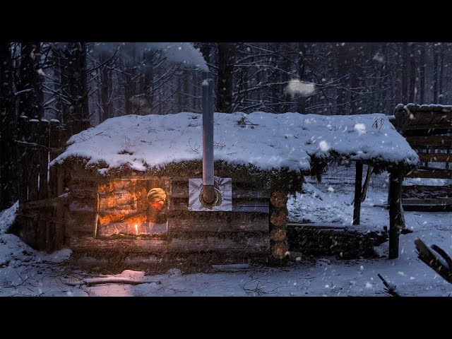 Strong winds and snowfall in Dugout shelter, Experimentation and wood carving, solo bushcraft