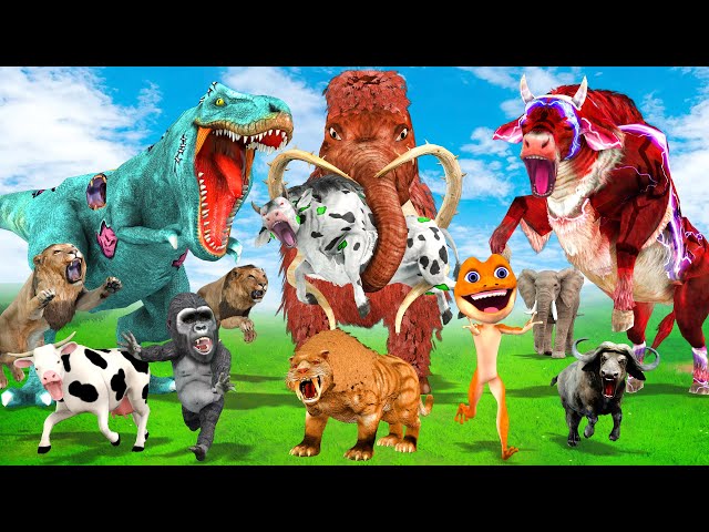 10 Giant Lion vs 10 Zombie Cow Bull vs Dinosaur Attack Baby Elephant Saved By Woolly Mammoth Gorilla