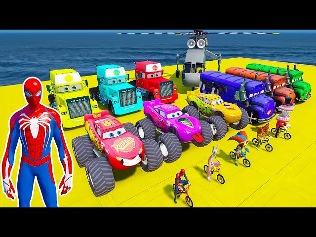 Big & Small: Spiderman with Lightning Mcqueen vs Superman vs Hulk on a motorcycle
