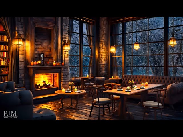 Smooth Jazz Music in Cozy Winter Coffee Shop Ambience with Crackling Fireplace & Snowfall for Relax