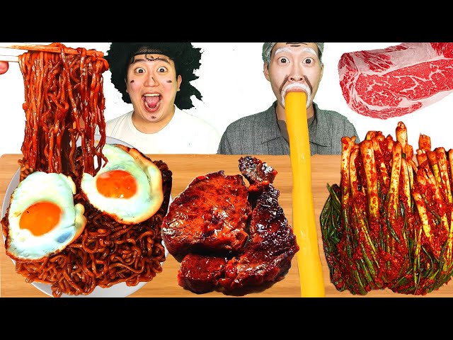 MUKBANG ASMR | KOREAN KIMCHI RECIPE ! BLACK BEAN NOODLES & FRIED EGG & STEAK! KOREAN FOODS