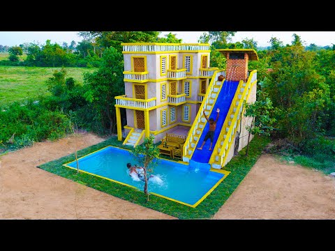 Building Most Creative 4-Story Mud Villa House With Contemporary Water Slide And Swimming Pool Park