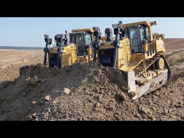 Amazing High Skilled Operators Working 2 Caterpillar D9T Bulldozers Together On Huge Mining Area