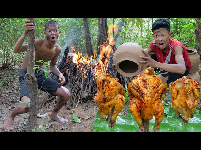 Big chicken,cooking in clay pot recipes | Primitive technology