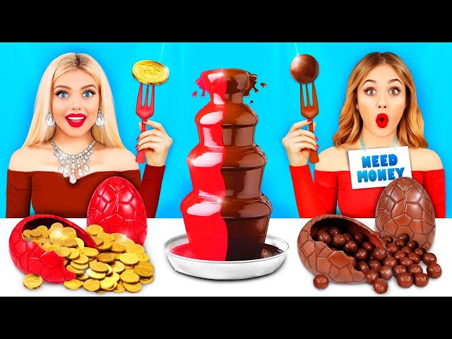 Rich VS Broke Chocolate Fondue Challenge! 100 Layers Chocolate Food for 24 HRS by RATATA CHALLENGE