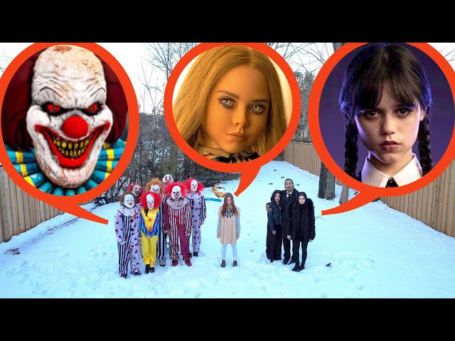 drone catches Wednesday Addams vs M3GAN vs Clowns at haunted park (huge battle!)