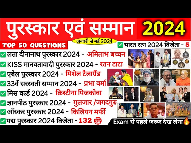 पुरस्कार एवं सम्मान 2024 | Awards and Honours 2024 | Puraskar aur Samman 2024 | Current Affairs 2024