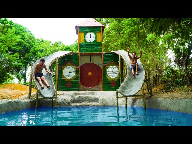 Build Large Clock Tower With Swimming Pool Water Slide Around Secret Underground House