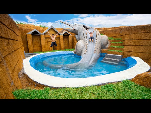Building Crocodile Water Slide Down Swimming Pool With Secret Underground House - Primitive Survival