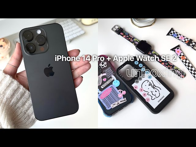iPhone 14 Pro Unboxing (Space Black) + Apple Watch SE 2 | setup + accessories | aesthetic unboxing 🧸