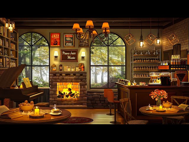 Cozy Coffee Shop Ambience with Relaxing Jazz Instrumental Music & Crackling Fireplace to Study, Work