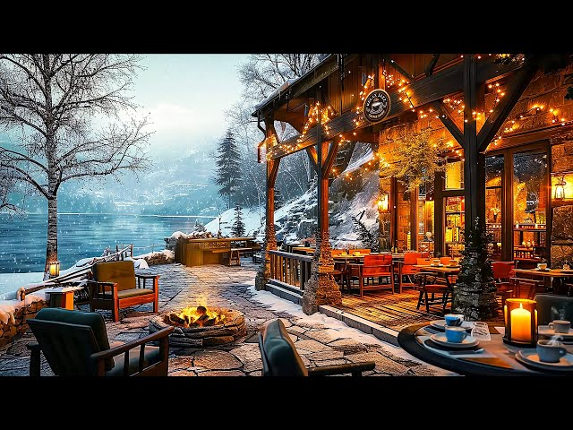 Cozy Winter Coffee Shop Ambience ⛄ Relaxing Jazz Background Music with Crackling Fireplace for Study