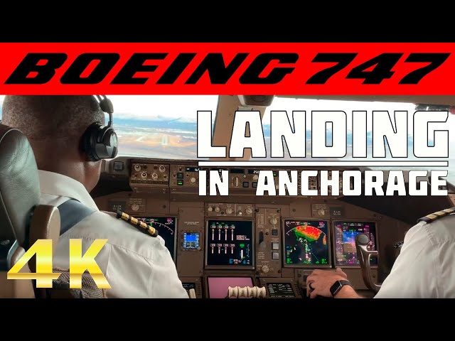 Boeing 747 Approach and Landing in Anchorage Airport Alaska Cockpit View HD