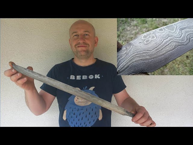 Blacksmithing: 50 cm long Viking knife from Gnezdovo. Damascus.