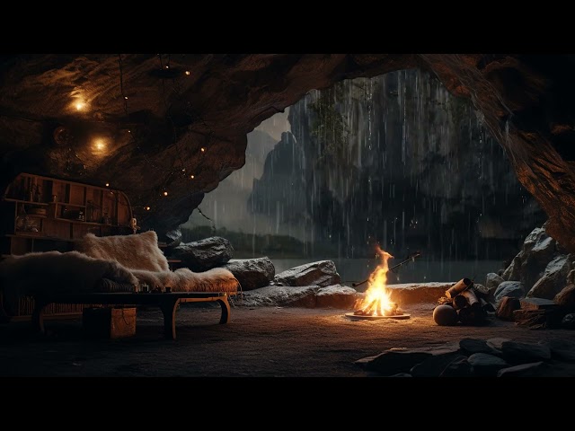 Rainfall on Cozy Cave | Fall Asleep Instantly in 3 Mins When Listen to Rain Sounds & Crackling Fire