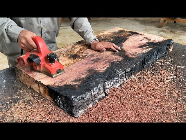 Recycling Burnt Wood Into a Table // Amazing Recycling Idea From Fire Burned Wood - DIY