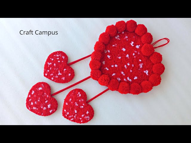 Beautiful Heart Shaped Wall Hanging Craft Using Woolen Thread | Pom Pom Wall Hanging Ideas