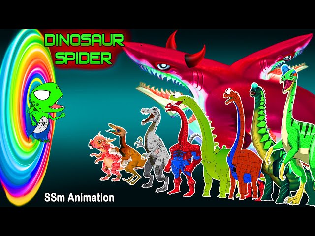 GIANT SHARK MEGALODON vs SPIDER BRACHIOSAURUS , TRICERATOPS :  Funny Dinosaur Cartoon for Families .