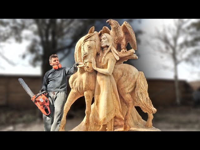 AMAZING CHAINSAW wood carving, Native American girl with horse and eagle