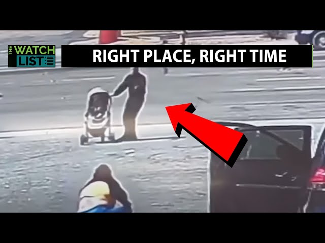 WATCH: Heroic Bystander Rescues Baby About To Roll Into Traffic