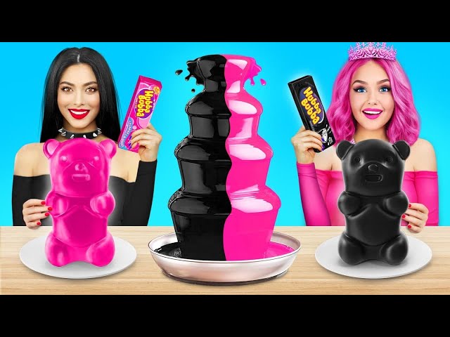 Rich Pink VS Broke Black Food Challenge! Eating 1 Color Rich vs Poor Food 24 Hrs by RATATA CHALLENGE