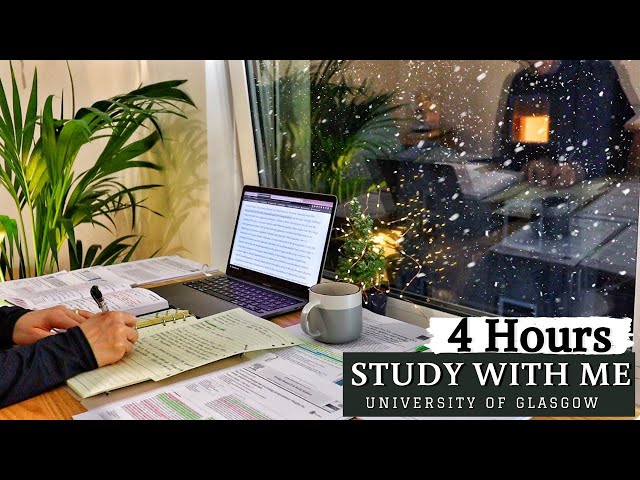 4 HOUR STUDY WITH ME | Background noise, Rain Sounds, 10-min break, No Music, Real-time