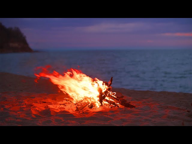 Crackling Beach Fire & Ocean Waves - White Noise 12 Hours of Soothing Sunset Sounds for Relaxation