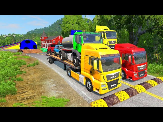 Flatbed Trailer Tractor Mixer Truck vs Rails - Cars vs Speed Bumps - BeamNG.Drive