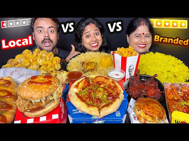 Local vs Branded food challenge - KFC Chicken VS Dominos Pizza VS Wow Momo, Biriyani, Fuchka Eating