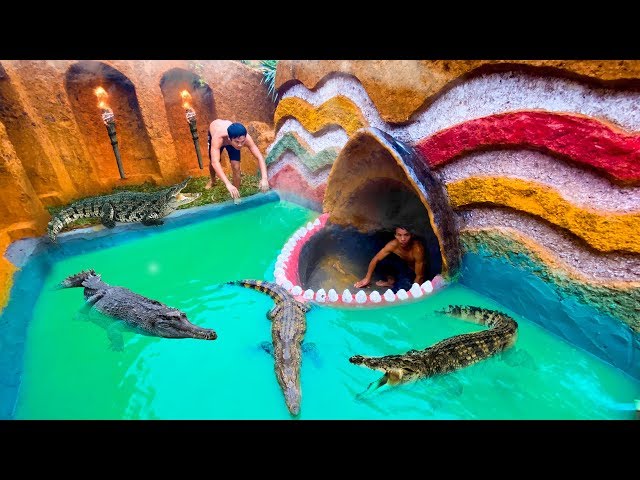 Build Swimming Pool Water Slide Crocodile Around The Secret Underground House - Primitive Survival