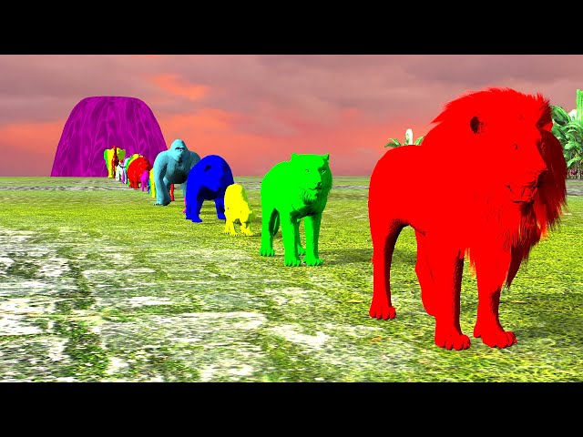 Paint Animals Gorilla Cow Lion Elephant Bear Dinosaurs and T-Rex Fountain Crossing Animal Cartoon