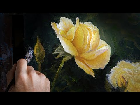 Mixed Media Yellow Rose (Acrylic & Oil) Painting
