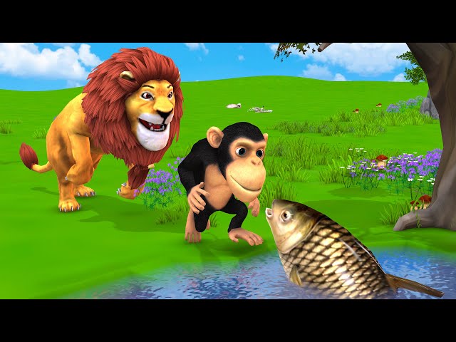 Funny Monkey Goes Fishing With Help of Giant Gorilla | Giant Lion vs Funny Monkey Cartoon Animation