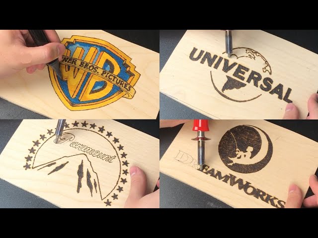 Movie Studios Logo Wood Burning Art - Warner Bros, Dream Works, Paramount, Universal Pictures