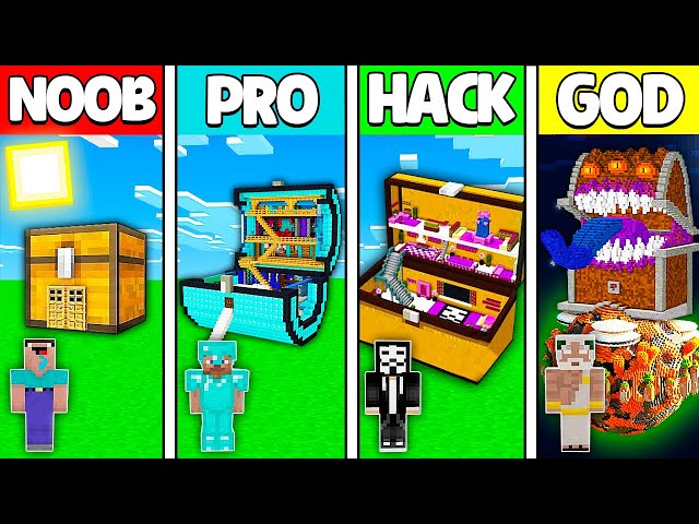 Minecraft Battle: NOOB vs PRO vs HACKER vs GOD! CHEST BLOCK BASE HOUSE BUILD CHALLENGE in Minecraft