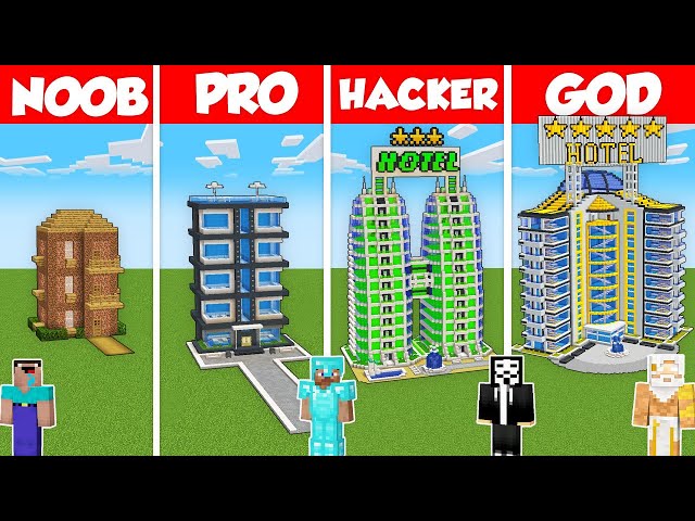 TALLEST HOTEL HOUSE BUILD CHALLENGE - Minecraft Battle: NOOB vs PRO vs HACKER vs GOD / Animation