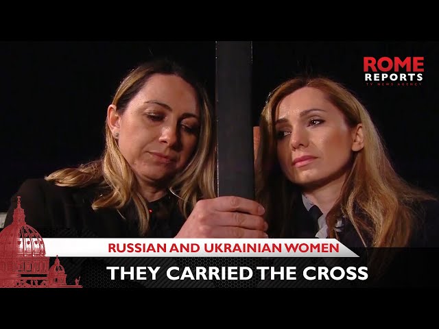Russian and Ukrainian women carry the cross in the #StationsoftheCross at the Colosseum