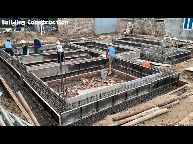 Techniques For Building Solid House Foundations Using Iron Beams And Manual Machine-Mixed Concrete