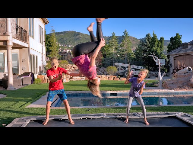 Teaching our mom to do a Back Flip! She Can’t say NO!