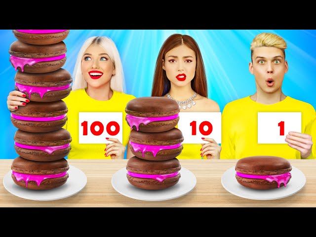 100 Layers Food Challenge! 100+ Coats Giant VS Tiny Food and Sweets for 24 HRS by RATATA CHALLENGE