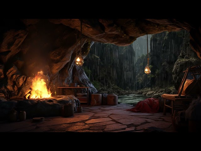 Cozy Cave Atmosphere 99% Instantly Fall Asleep with Heavy Rain and Fire Sound | 3 hours | Rain Sound