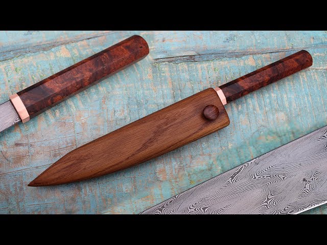 Damascus Japanese Honesuki kitchen/chef's knife with saya, turkish twist pattern - Knifemaking