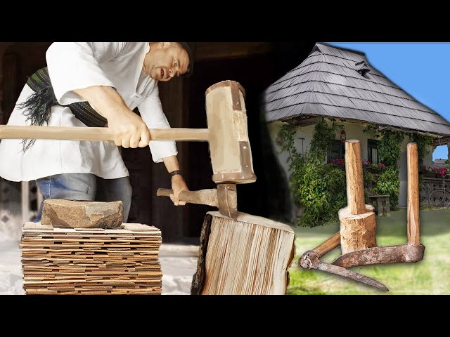 Splitting Roof Shingles From a Log and Installing Them On a Roof With Hand Tools