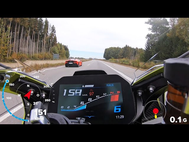BMW M1000RR and Lamborghini Huracan on Autobahn