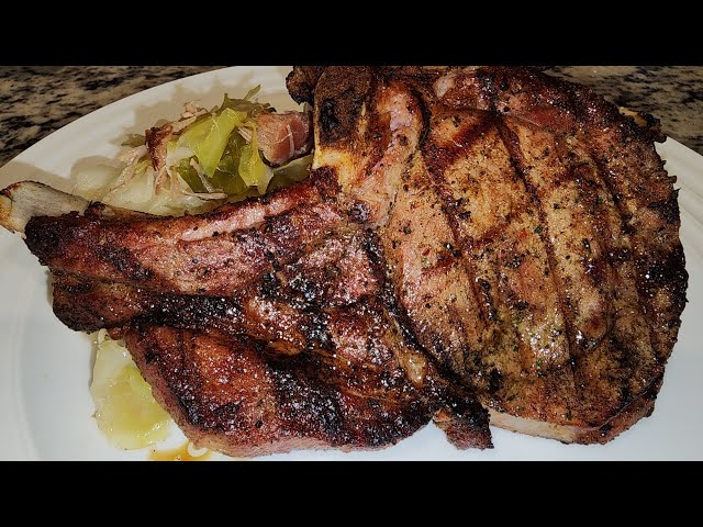 Grilled pork chops, cabbage, and brown rice