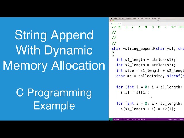 String append (i.e. concatenation) with dynamic memory allocation | C Programming Example