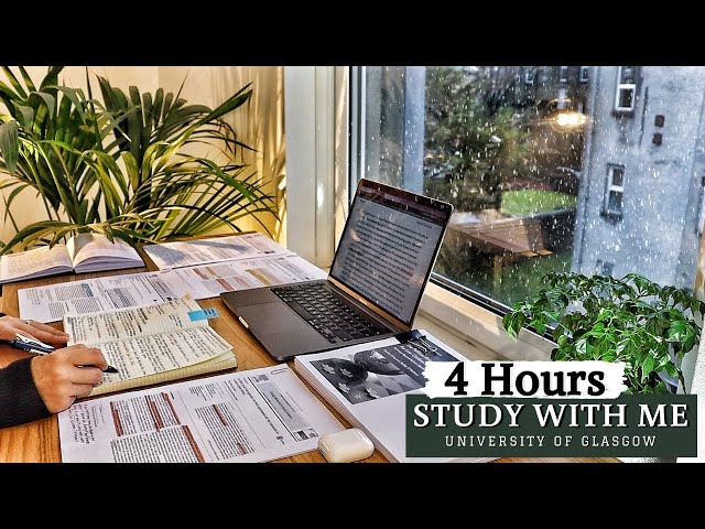 4 HOUR STUDY WITH ME on a RAINY Day | Background noise, Rain Sound, 10-min break, No Music