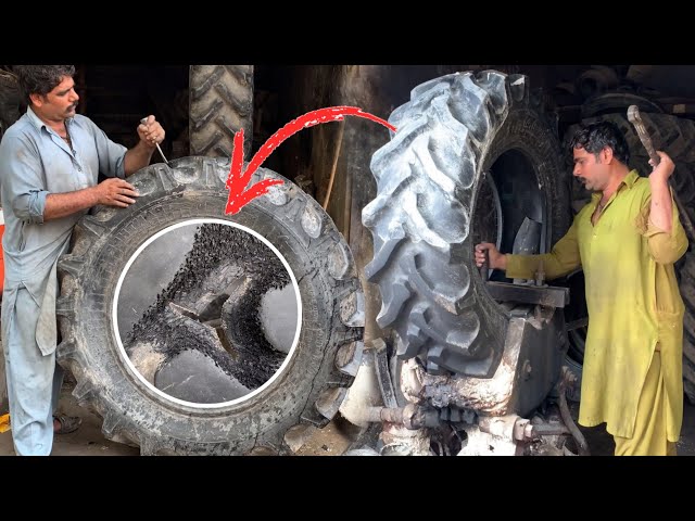 Man with Great Skill and Control of Very Basic Sharp Tools Repairing Tractor Tire Big Patch