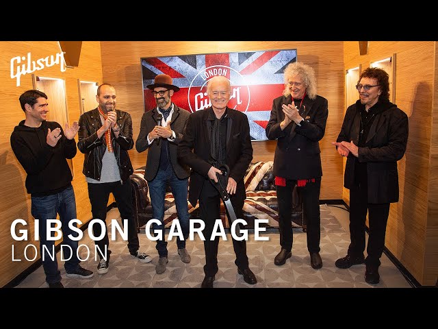 Jimmy Page, Tony Iommi & Sir Brian May celebrate opening of the Gibson Garage London, UK.